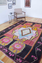 Load image into Gallery viewer, 7x10 Vintage Eastern Anatolian 'Kars' Turkish Kilim Area Rug | Bold Medallion Geometric Designs on Corners Stylized Floral Border | SKU 640