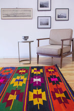 Load image into Gallery viewer, 5x7 Vintage Turkish Kilim Area Rug | Symmetrical Geometric Symbols Colorful Design | SKU 654