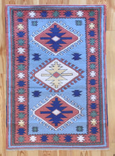 Load image into Gallery viewer, 4x6 Vintage Central Anatolian 'Sultanhan' Turkish Area Rug | Triple Diamond Medallion on Blue Field Geometric Border | SKU 655