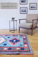 Load image into Gallery viewer, 4x6 Vintage Central Anatolian 'Sultanhan' Turkish Area Rug | Triple Diamond Medallion on Blue Field Geometric Border | SKU 655