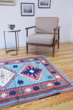 Load image into Gallery viewer, 4x6 Vintage Central Anatolian 'Sultanhan' Turkish Area Rug | Triple Diamond Medallion on Blue Field Geometric Border | SKU 655