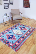 Load image into Gallery viewer, 4x6 Vintage Central Anatolian 'Sultanhan' Turkish Area Rug | Triple Diamond Medallion on Blue Field Geometric Border | SKU 655