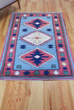 Load image into Gallery viewer, 4x6 Vintage Central Anatolian 'Sultanhan' Turkish Area Rug | Triple Diamond Medallion on Blue Field Geometric Border | SKU 655
