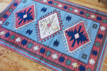 Load image into Gallery viewer, 4x6 Vintage Central Anatolian 'Sultanhan' Turkish Area Rug | Triple Diamond Medallion on Blue Field Geometric Border | SKU 655