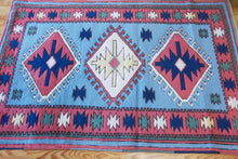 Load image into Gallery viewer, 4x6 Vintage Central Anatolian 'Sultanhan' Turkish Area Rug | Triple Diamond Medallion on Blue Field Geometric Border | SKU 655