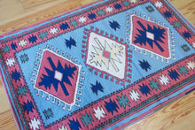 Load image into Gallery viewer, 4x6 Vintage Central Anatolian 'Sultanhan' Turkish Area Rug | Triple Diamond Medallion on Blue Field Geometric Border | SKU 655
