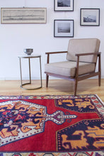 Load image into Gallery viewer, 4x8 Vintage Central Anatolian 'Nigde' Turkish Area Rug | Bold Medallion on Red Field Stylized Corner Design Geometric Border Vibrant Colors | SKU 657