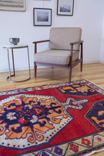 Load image into Gallery viewer, 4x8 Vintage Central Anatolian 'Nigde' Turkish Area Rug | Bold Medallion on Red Field Stylized Corner Design Geometric Border Vibrant Colors | SKU 657