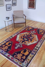 Load image into Gallery viewer, 4x8 Vintage Central Anatolian 'Nigde' Turkish Area Rug | Bold Medallion on Red Field Stylized Corner Design Geometric Border Vibrant Colors | SKU 657