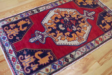 Load image into Gallery viewer, 4x8 Vintage Central Anatolian 'Nigde' Turkish Area Rug | Bold Medallion on Red Field Stylized Corner Design Geometric Border Vibrant Colors | SKU 657