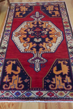 Load image into Gallery viewer, 4x8 Vintage Central Anatolian 'Nigde' Turkish Area Rug | Bold Medallion on Red Field Stylized Corner Design Geometric Border Vibrant Colors | SKU 657