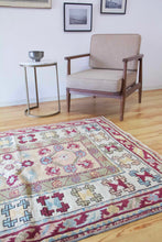 Load image into Gallery viewer, 5x6 Vintage Western Anatolian 'Milas' Turkish Rug | Triple Diamond Medallion Geometric Design Pastel Colors | SKU 663