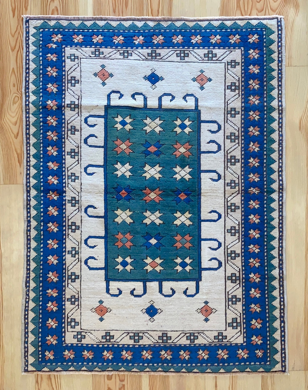 4x5 Vintage Central Anatolian 'Aksaray' Turkish Rug | Bold Medallion Symmetrical Geometric Design Soft Colors  | SKU 664