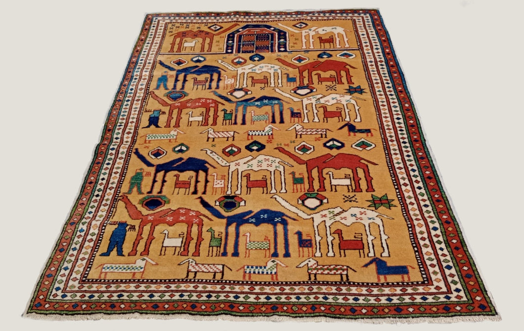 5x7 Vintage Central Anatolian Hand Knotted Turkish Rug | Vibrant Colors Single Niche Geometric Camel Designs | SKU 730
