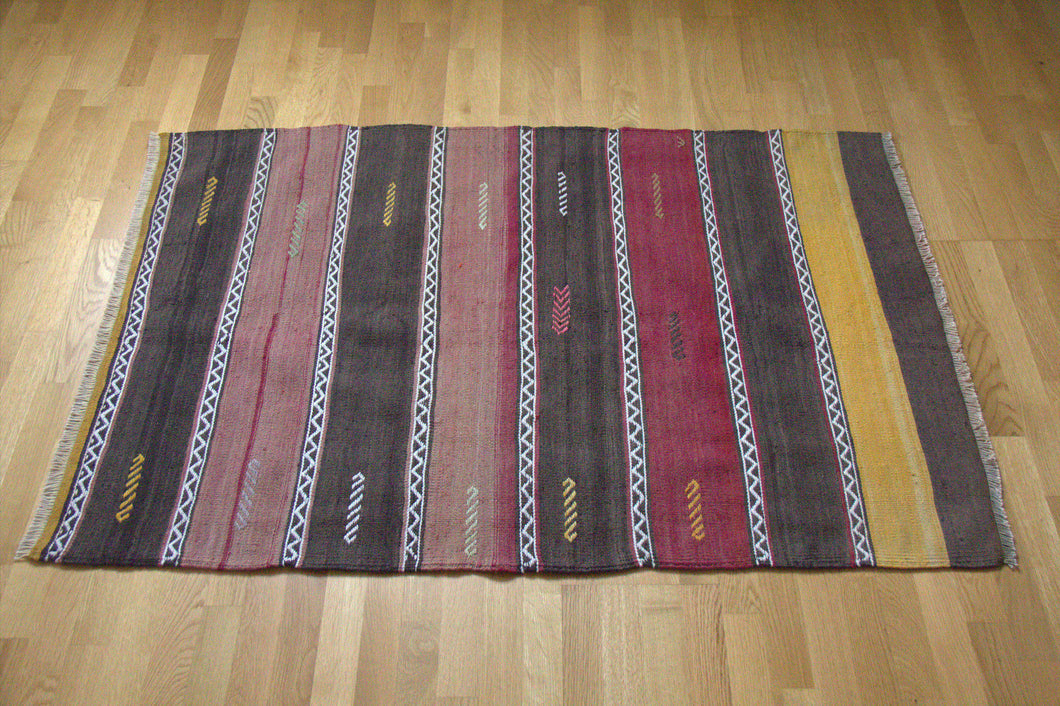 3x4 Vintage Anatolian Turkish Kilim Area Rug | Muted colorful stripe design protective tribal symbols | SKU 125
