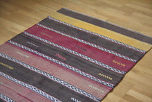 Load image into Gallery viewer, 3x4 Vintage Anatolian Turkish Kilim Area Rug | Muted colorful stripe design protective tribal symbols | SKU 125
