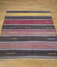 Load image into Gallery viewer, 3x4 Vintage Anatolian Turkish Kilim Area Rug | Muted colorful stripe design protective tribal symbols | SKU 125
