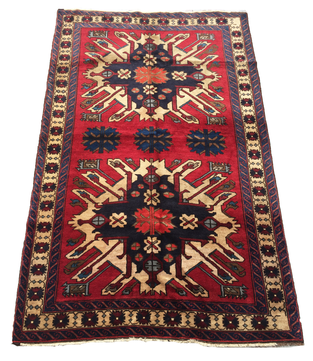 5x8 Vintage Eastern Anatolian 'Kars' Turkish Area Rug | Eagle Kazak Design Double Medallion Vibrant Colors Geometric Design | SKU 180