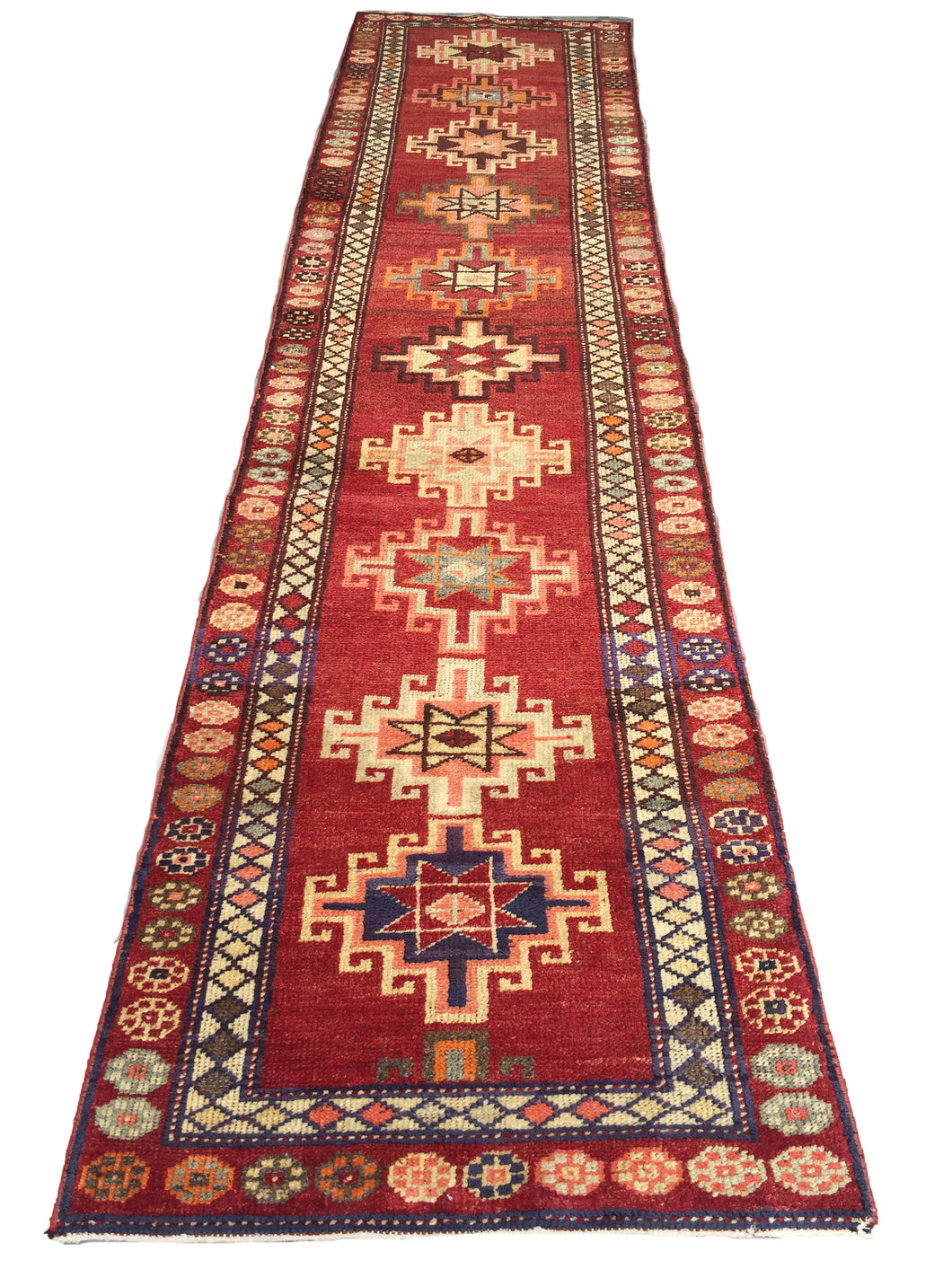 3x12 Vintage South Eastern Anatolian 'Herki' Turkish Runner | Geometric Repeating Medallion Design Vibrant Colors Floral Border | SKU 185