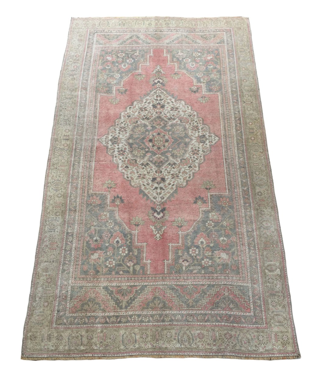 7x11 Vintage Central Anatolian Oushak Style 'Taşpınar' Turkish Area Rug | Bold Medallion Light Muted Colors Floral Motifs Stylized Border | SKU 212