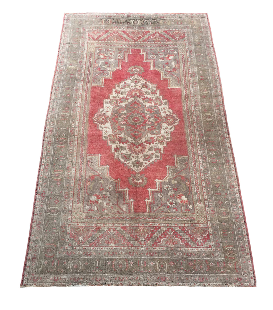 6x11 Vintage Central Anatolian Oushak Style 'Taşpınar' Turkish Area Rug | Bold Medallion Warm Muted Colors Floral Embellishments Stylized Border | SKU 215