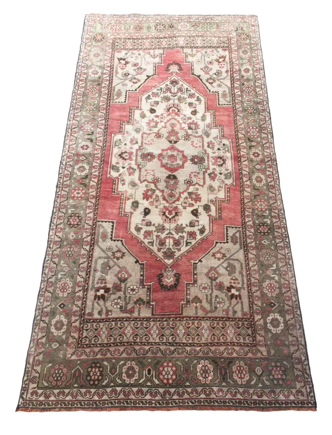 5x10 Vintage Central Anatolian Oushak Style 'Taşpınar' Turkish Area Rug | Flower Embellished Bold Medallion Warm Muted Colors Stylized Corner Design Intricate Border | SKU 230