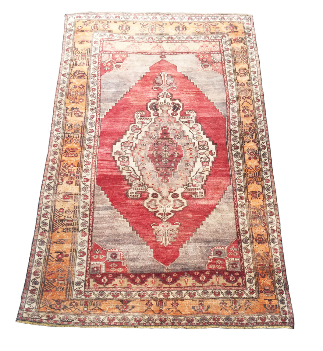 5x9 Vintage Central Anatolian Oushak Style 'Taşpınar' Turkish Area Rug | Bold Medallion Warm Colors Spacious Field Floral Border | SKU 240