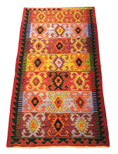 Load image into Gallery viewer, 6x10 Vintage Western Anatolian Turkish Kilim Area Rug | Repeating Symmetrical Tribal Motifs Designed in Stripes Vibrant Colors | SKU 272
