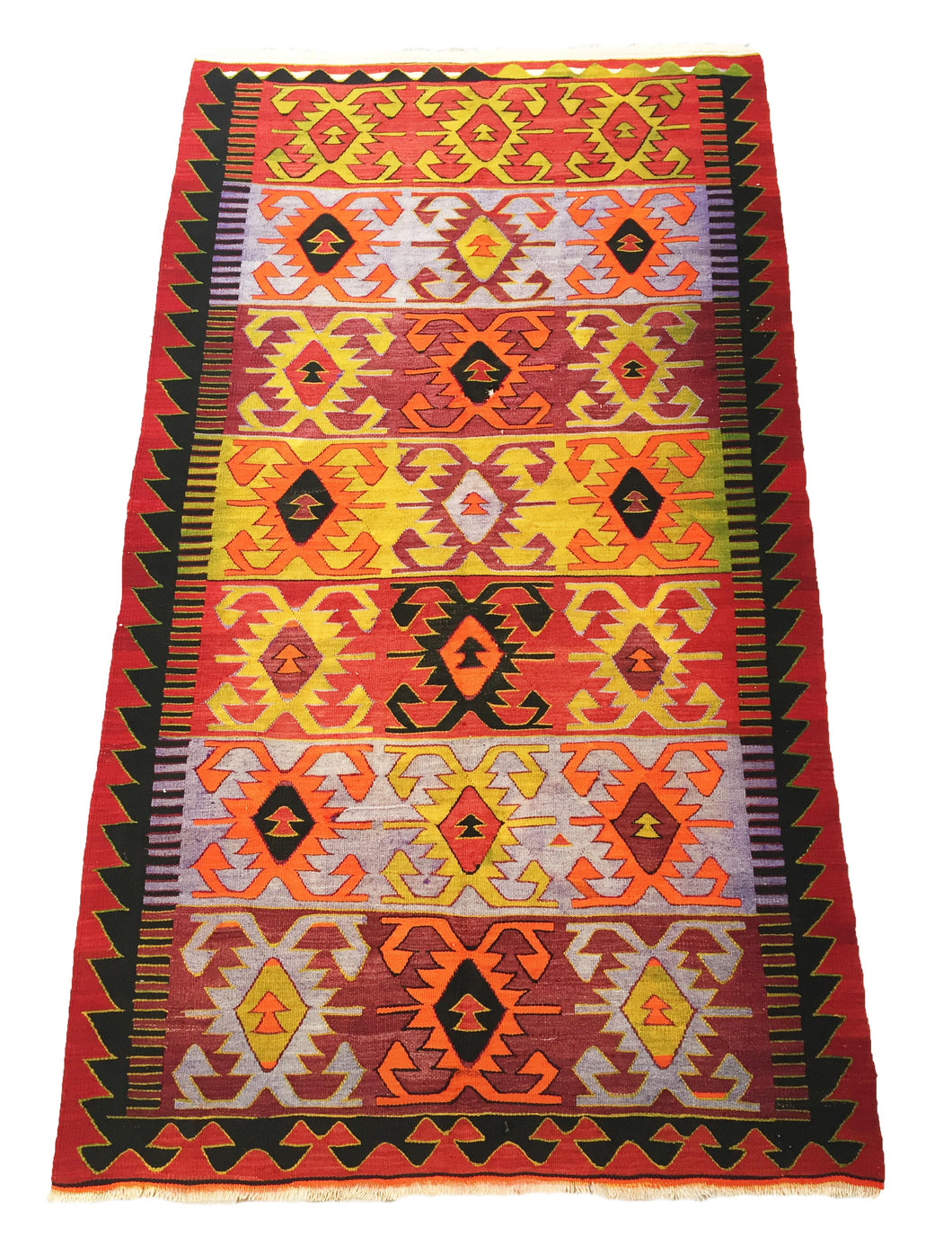 6x10 Vintage Western Anatolian Turkish Kilim Area Rug | Repeating Symmetrical Tribal Motifs Designed in Stripes Vibrant Colors | SKU 272