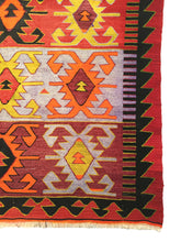 Load image into Gallery viewer, 6x10 Vintage Western Anatolian Turkish Kilim Area Rug | Repeating Symmetrical Tribal Motifs Designed in Stripes Vibrant Colors | SKU 272
