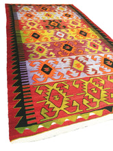 Load image into Gallery viewer, 6x10 Vintage Western Anatolian Turkish Kilim Area Rug | Repeating Symmetrical Tribal Motifs Designed in Stripes Vibrant Colors | SKU 272
