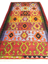 Load image into Gallery viewer, 6x10 Vintage Western Anatolian Turkish Kilim Area Rug | Repeating Symmetrical Tribal Motifs Designed in Stripes Vibrant Colors | SKU 272
