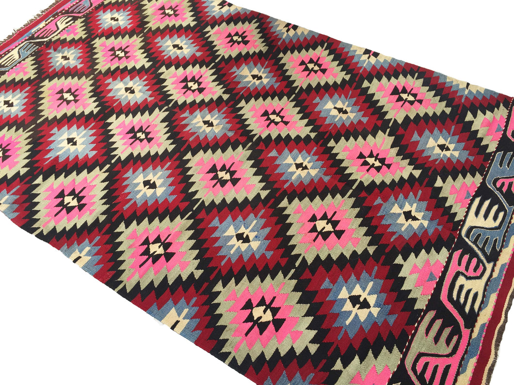 6x10 Vintage Western Anatolian Turkish Kilim Area Rug | Staggered Symmetrical Tribal Motifs Vibrant Colors | SKU 273