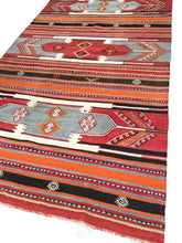 Load image into Gallery viewer, 5x10 Vintage Eastern Anatolian Turkish Kilim Area Rug | Three Medallion Stripe Design Vibrant Colors | SKU 278
