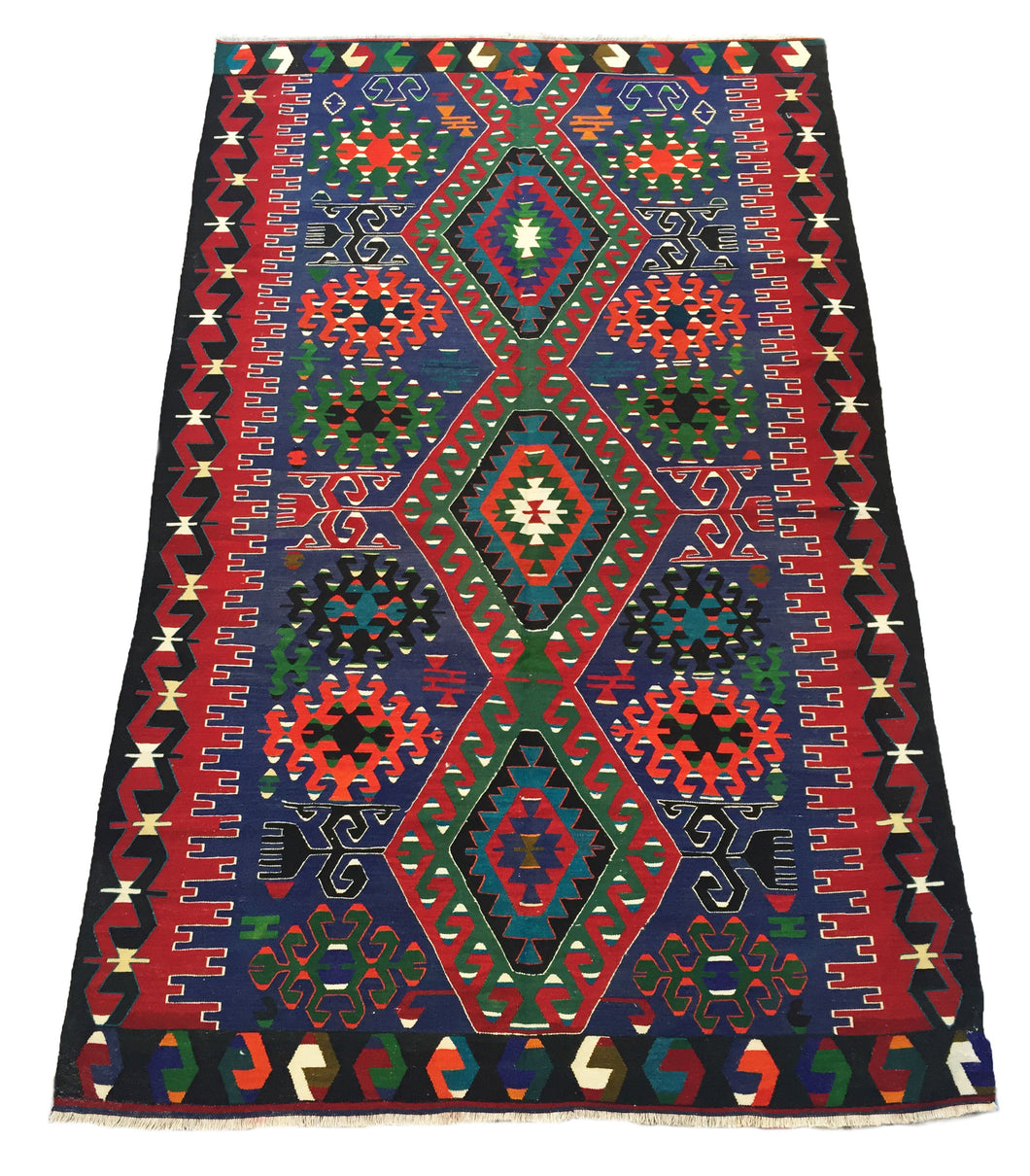 6x10 Vintage Anatolian Turkish Kilim Area Rug | Three Medallion Tribal Motifs in the Field Bold Colors | SKU 291