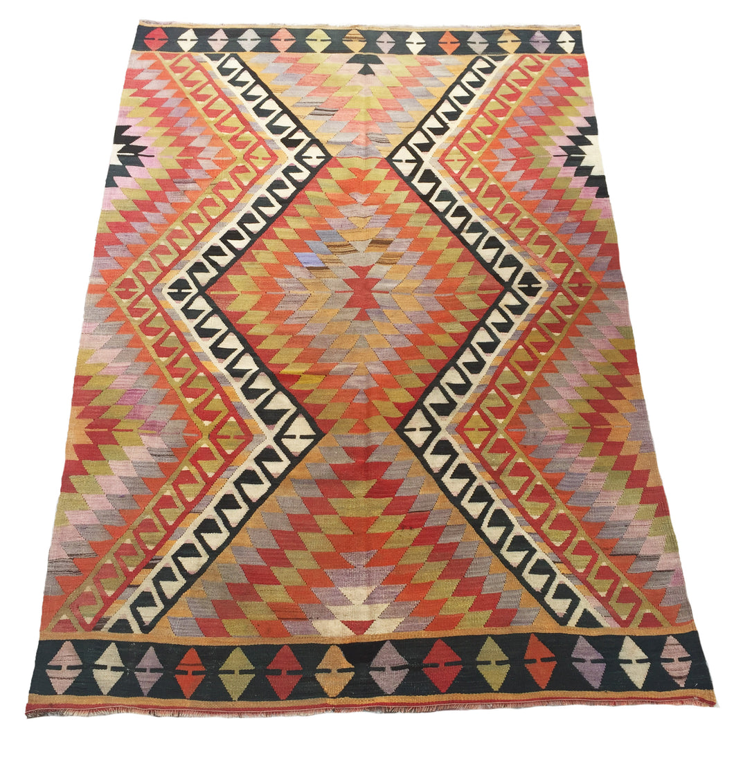 6x9 Vintage Western Anatolian Turkish Kilim Area Rug | Staggered Symmetrical Motifs Geometric Border Vibrant Colors | SKU 292