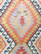 Load image into Gallery viewer, 6x9 Vintage Western Anatolian Turkish Kilim Area Rug | Staggered Symmetrical Motifs Geometric Border Vibrant Colors | SKU 292
