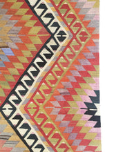 Load image into Gallery viewer, 6x9 Vintage Western Anatolian Turkish Kilim Area Rug | Staggered Symmetrical Motifs Geometric Border Vibrant Colors | SKU 292
