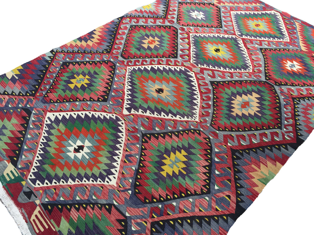 6x10 Vintage Western Anatolian Turkish Kilim Area Rug | Repeating Symmetrical Motifs Bold Colors | SKU 309