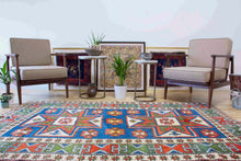 Load image into Gallery viewer, 5x8 Vintage Western Anatolian &#39;Sultanhan&#39; Turkish Area Rug with two geometric star medallions on a blue field | SKU 335
