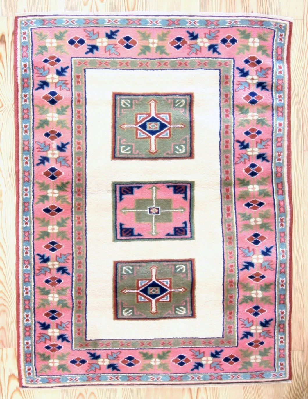 4x5 Vintage Western Anatolian 'Yoruk' Turkish Area Rug | Three medallion field on ivory field with pink border | SKU 339