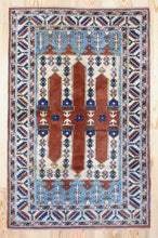 Load image into Gallery viewer, 4x6 Vintage Central Anatolian &#39;Yoruk&#39; Turkish Area Rug | Three pillar design in the field, graphic border | SKU 341
