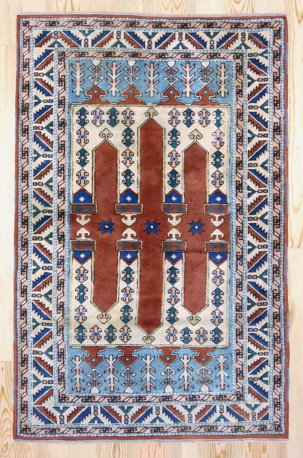 4x6 Vintage Central Anatolian 'Yoruk' Turkish Area Rug | Three pillar design in the field, graphic border | SKU 341