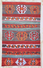 Load image into Gallery viewer, 4x7 Vintage Eastern Anatolian &#39;Kars&#39; Turkish Kilim Area Rug | Stripes with different colors and bold symbols | SKU 343
