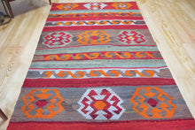 Load image into Gallery viewer, 4x7 Vintage Eastern Anatolian &#39;Kars&#39; Turkish Kilim Area Rug | Stripes with different colors and bold symbols | SKU 343
