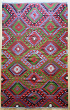 Load image into Gallery viewer, 7x10 Vintage Anatolian Turkish Kilim Area Rug | Repeating staggered tribal symbols covering field | SKU 347

