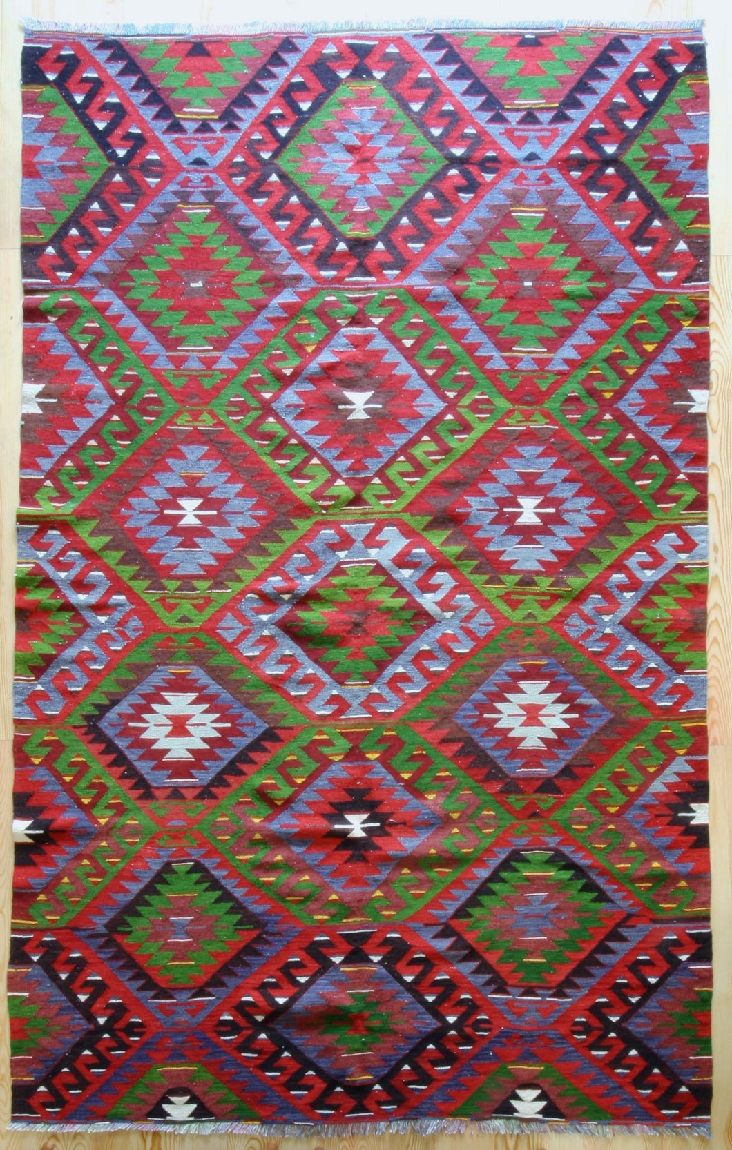 7x10 Vintage Anatolian Turkish Kilim Area Rug | Repeating staggered tribal symbols covering field | SKU 347