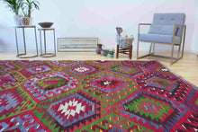 Load image into Gallery viewer, 7x10 Vintage Anatolian Turkish Kilim Area Rug | Repeating staggered tribal symbols covering field | SKU 347
