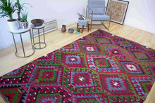 Load image into Gallery viewer, 7x10 Vintage Anatolian Turkish Kilim Area Rug | Repeating staggered tribal symbols covering field | SKU 347
