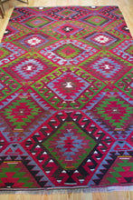 Load image into Gallery viewer, 7x10 Vintage Anatolian Turkish Kilim Area Rug | Repeating staggered tribal symbols covering field | SKU 347

